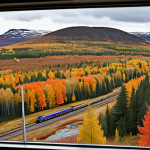 **A scenic view from the Inlandsbanan train window in autumn, Northern Sweden.** Focus on the vibrant fall foliage, a glimpse of the train tracks, and the vast wilderness. Include details like colorful trees, crisp air, and perhaps a distant Sami dwelling. Style: realistic, high-quality photograph.