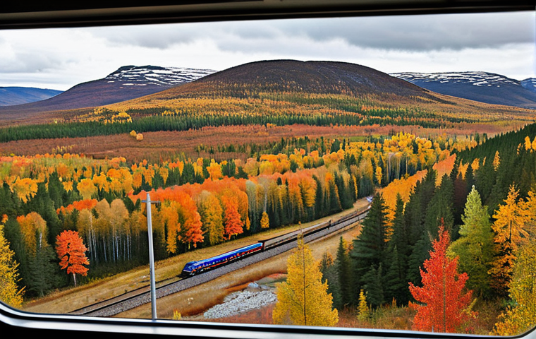 **A scenic view from the Inlandsbanan train window in autumn, Northern Sweden.** Focus on the vibrant fall foliage, a glimpse of the train tracks, and the vast wilderness. Include details like colorful trees, crisp air, and perhaps a distant Sami dwelling. Style: realistic, high-quality photograph.